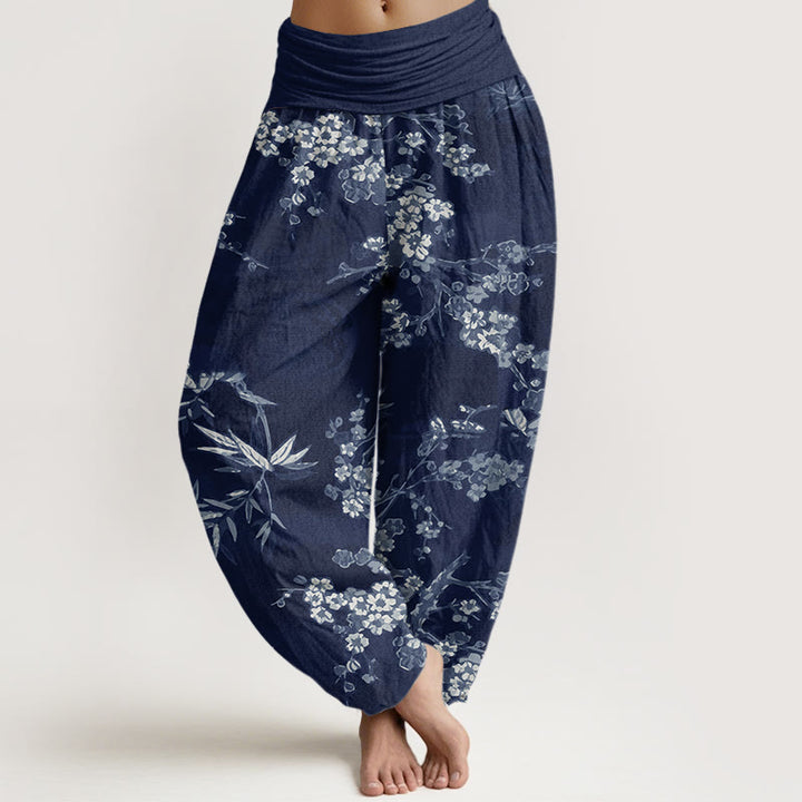 Buddha Stones White Sakura Flower Pattern Women's Elastic Waist Harem Pants - MidnightBlue - US22，UK/AU26，EU54 (6XL) - image 0