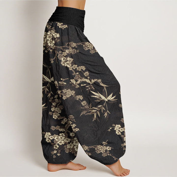 Buddha Stones Cotton White Sakura Flower Pattern Women's Elastic Waist Harem Pants - image 8