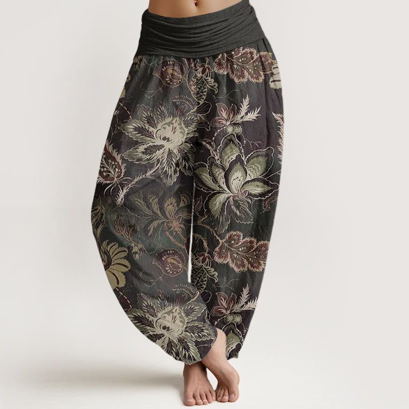 Buddha Stones Casual Floral Leaves Women's Elastic Waist Harem Pants - DimGray - US22，UK/AU26，EU54 (6XL) - image 0