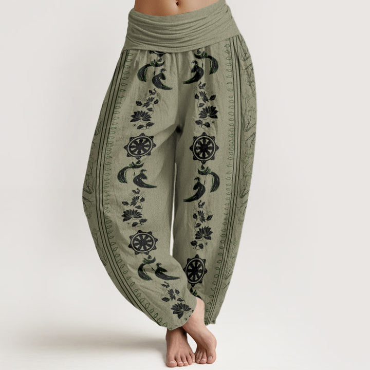 Buddha Stones Cotton Dharma Wheel Lotus OM Pattern Women's Elastic Waist Harem Pants - DarkKhaki - US22，UK/AU26，EU54 (6XL) - image 4