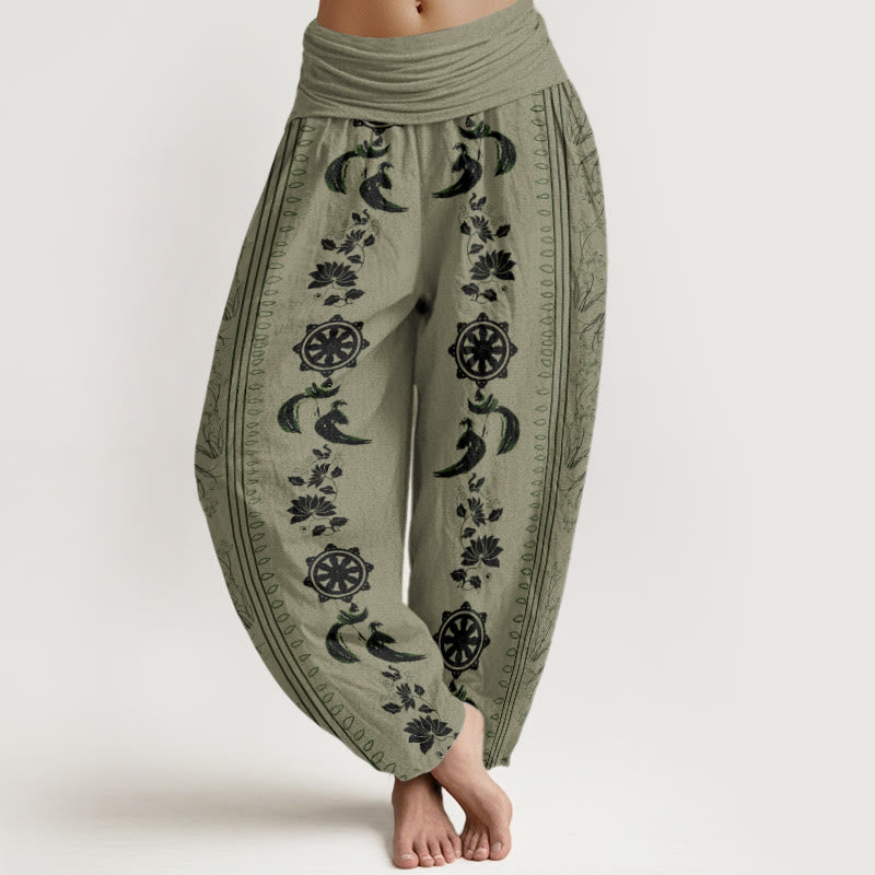 Buddha Stones Dharma Wheel Lotus OM Pattern Women's Elastic Waist Harem Pants - DarkKhaki - US22，UK/AU26，EU54 (6XL) - image 4