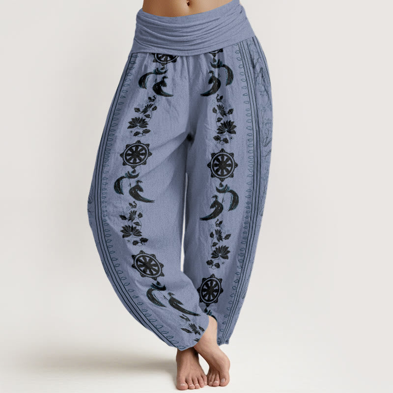 Buddha Stones Dharma Wheel Lotus OM Pattern Women's Elastic Waist Harem Pants - CornflowerBlue - US22，UK/AU26，EU54 (6XL) - image 0