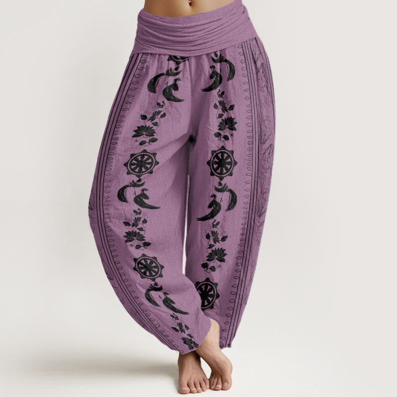 Buddha Stones Dharma Wheel Lotus OM Pattern Women's Elastic Waist Harem Pants - Plum - US22，UK/AU26，EU54 (6XL) - image 7