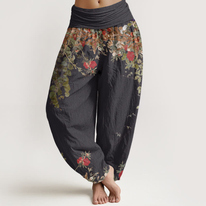 Buddha Stones Cotton Casual Red Peony Flower Vine Design Women's Elastic Waist Harem Pants - Black - US22，UK/AU26，EU54 (6XL) - image 0