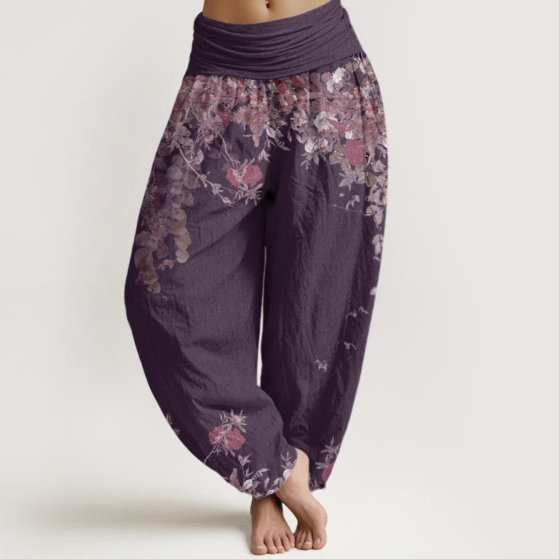 Buddha Stones Cotton Casual Red Peony Flower Vine Design Women's Elastic Waist Harem Pants - Plum - US22，UK/AU26，EU54 (6XL) - image 7