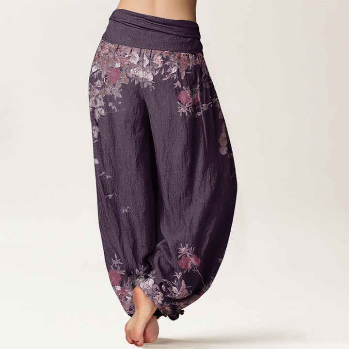Buddha Stones Cotton Casual Red Peony Flower Vine Design Women's Elastic Waist Harem Pants - image 9