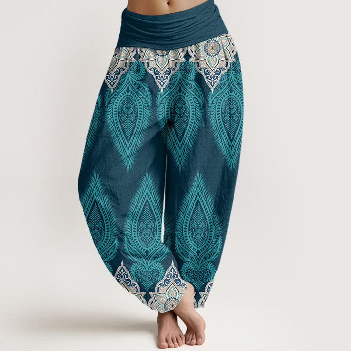 Buddha Stones Cotton Casual Feather Flower Design Women's Elastic Waist Harem Pants - DarkTurquoise - US22，UK/AU26，EU54 (6XL) - image 0