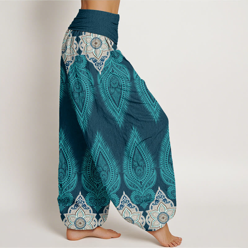 Buddha Stones Casual Feather Flower Design Women's Elastic Waist Harem Pants - image 1
