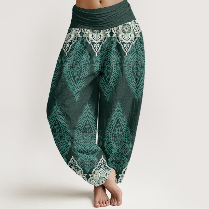 Buddha Stones Cotton Casual Feather Flower Design Women's Elastic Waist Harem Pants - CadetBlue - US22，UK/AU26，EU54 (6XL) - image 4