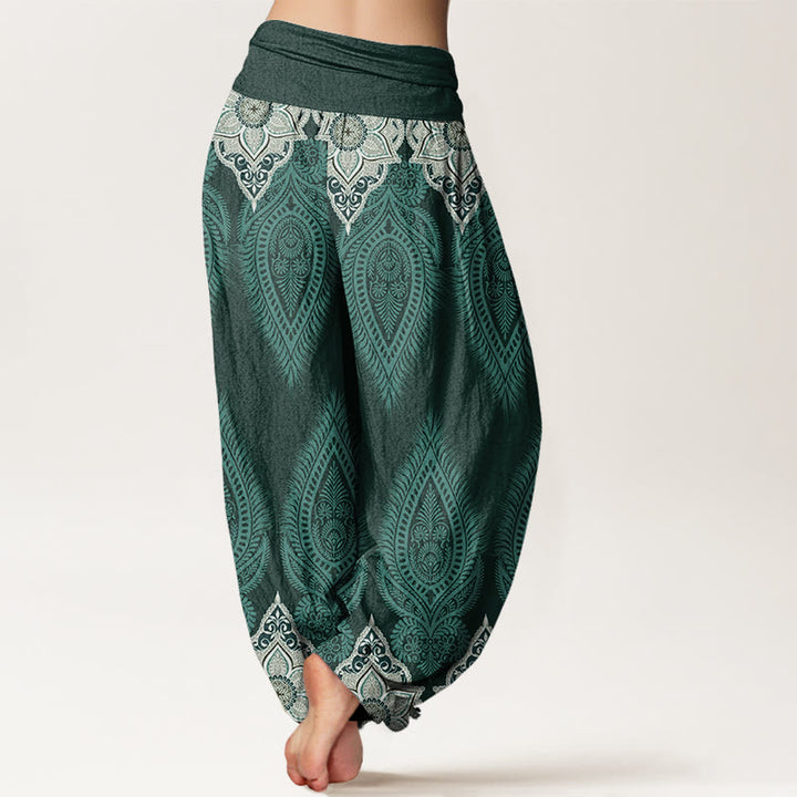 Buddha Stones Cotton Casual Feather Flower Design Women's Elastic Waist Harem Pants - image 6