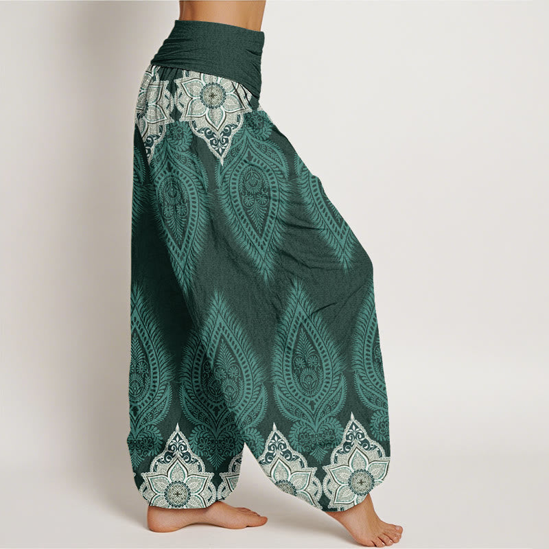 Buddha Stones Cotton Casual Feather Flower Design Women's Elastic Waist Harem Pants - image 5
