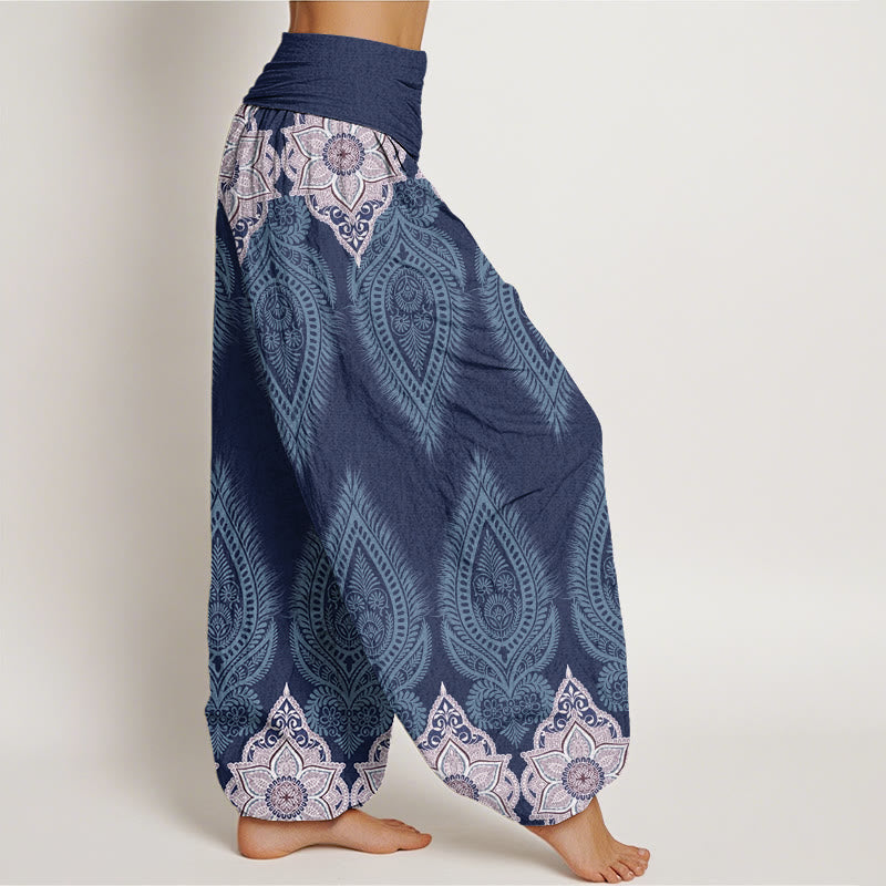 Buddha Stones Cotton Casual Feather Flower Design Women's Elastic Waist Harem Pants - image 8
