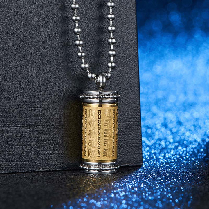 Buddha Stones Titanium Steel Prayer Wheel Scriptures Necklace Balance Pendant - image 1
