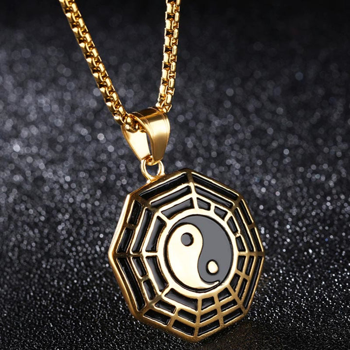 Buddha Stones Titanium Steel Bagua Yin Yang Pattern Balance Necklace Pendant - Golden Bagua - image 0