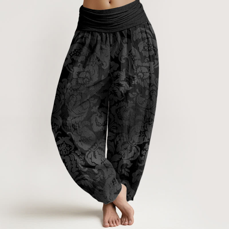 Buddha Stones Casual Flower Leaves Design Women's Elastic Waist Harem Pants - Black - US22，UK/AU26，EU54 (6XL) - image 4