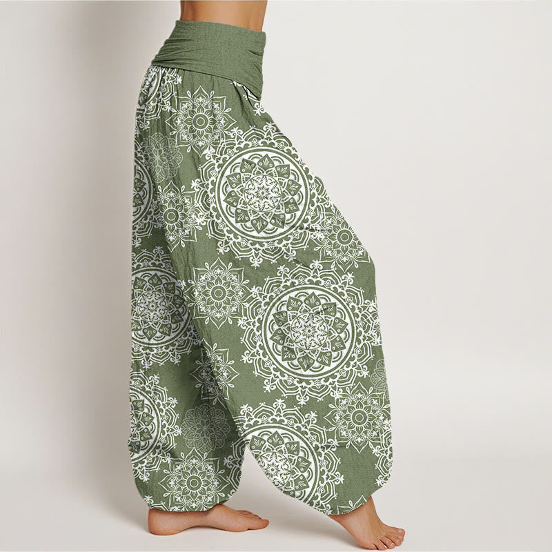 Buddha Stones Cotton Casual White Mandala Flower Design Women's Elastic Waist Harem Pants - image 1