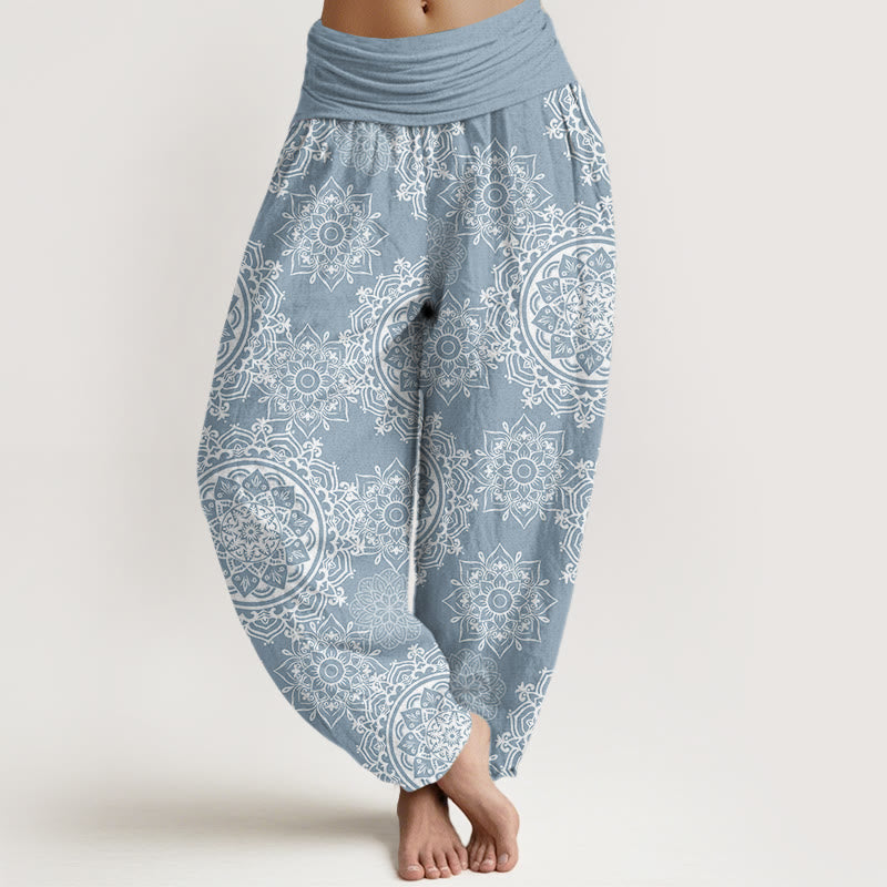 Buddha Stones Cotton Casual White Mandala Flower Design Women's Elastic Waist Harem Pants - LightBlue - US22，UK/AU26，EU54 (6XL) - image 4