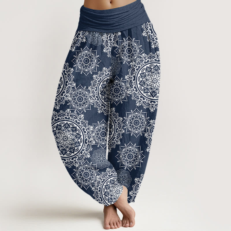 Buddha Stones Cotton Casual White Mandala Flower Design Women's Elastic Waist Harem Pants - SteelBlue - US22，UK/AU26，EU54 (6XL) - image 7