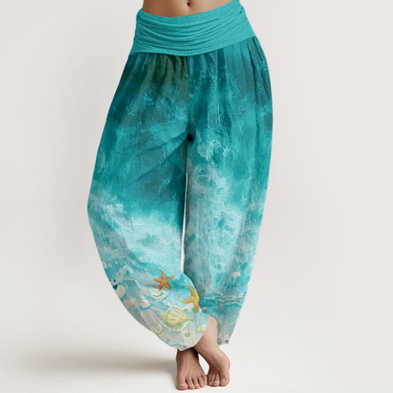 Buddha Stones Cotton Vast Ocean Pattern Women's Elastic Waist Harem Pants - LightSeaGreen - US22，UK/AU26，EU54 (6XL) - image 0