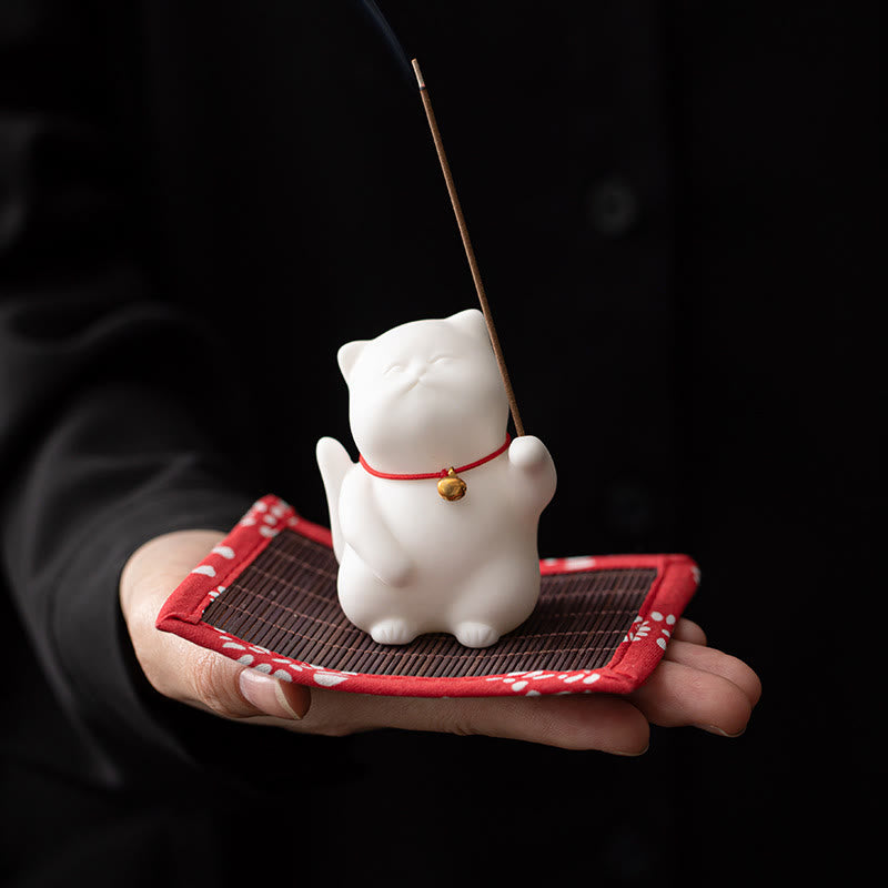 Buddha Stones Cat Bell Bamboo Mat Healing Ceramic Incense Burner Desk Decoration - image 2