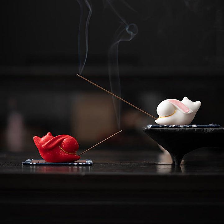 Buddha Stones Flying Rabbit Bamboo Mat Healing Ceramic Incense Burner Desk Decoration - image 2