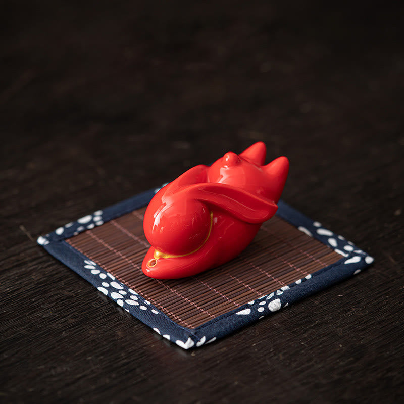 Buddha Stones Flying Rabbit Bamboo Mat Healing Ceramic Incense Burner Desk Decoration - Red Rabbit Bamboo Mat 7.6*3.7*4.5cm - image 9