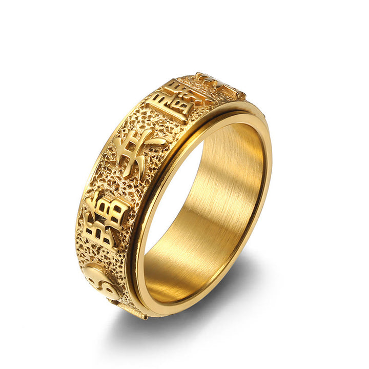 Buddha Stones Tibetan The Nine-word Mantra Yin Yang Pattern Titanium Steel Spinner Balance Ring - Golden - US12 - image 11