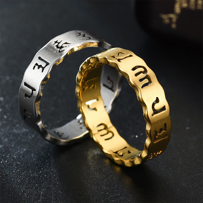 Buddha Stones Tibetan Hollow Om Mani Padme Hum Titanium Steel Balance Ring - image 0