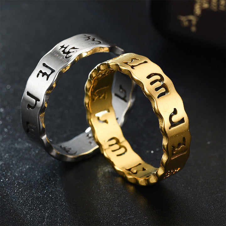 Buddha Stones Tibetan Hollow Om Mani Padme Hum Titanium Steel Balance Ring - image 0