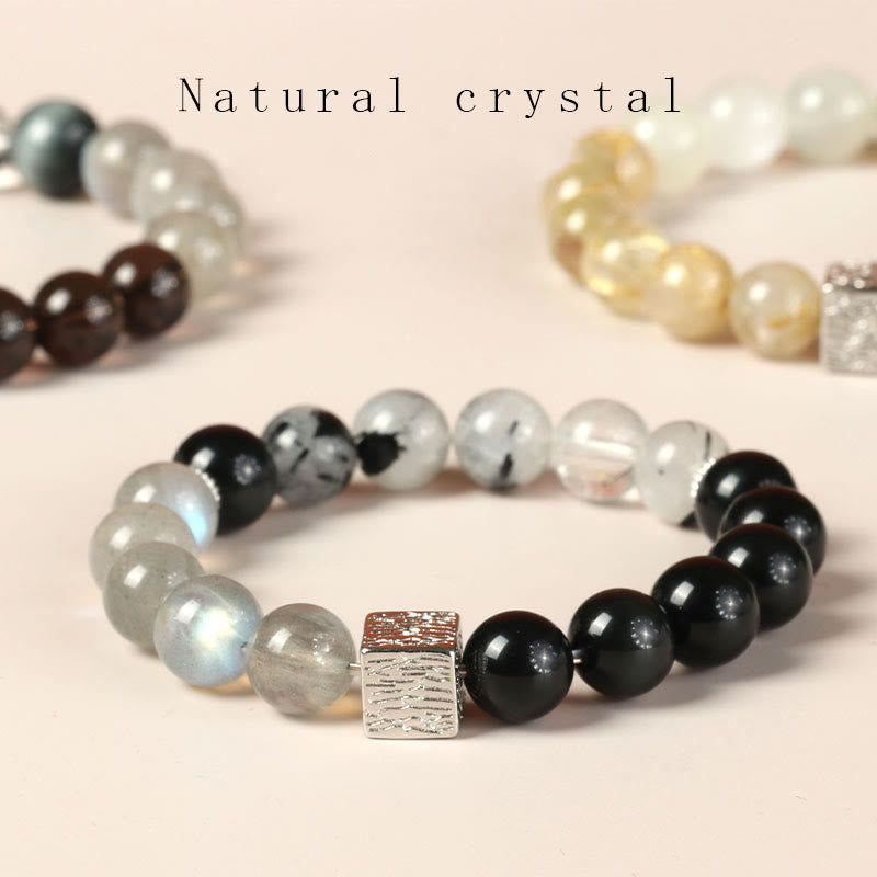 Buddha Stones Black Obsidian Black Rutilated Quartz Moonstone Cube Strength Bracelet - Black Obsidian Black Rutilated Quartz Moonstone(Wrist Circumference: 14-16cm) - image 0