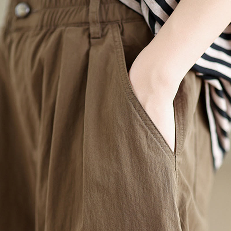 Buddha Stones Casual Solid Color One Top Button Elastic Waistband Cotton Linen Women's Pants With Pockets - image 7