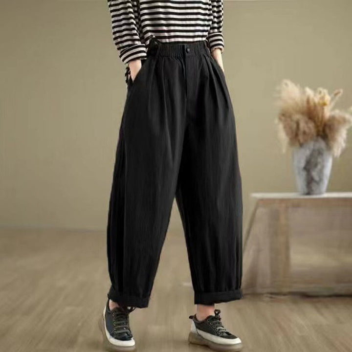 Buddha Stones Casual Solid Color One Top Button Elastic Waistband Cotton Linen Women's Pants With Pockets - Black - US8-10，UK/AU12-14，EU40-42 (2XL) - image 11