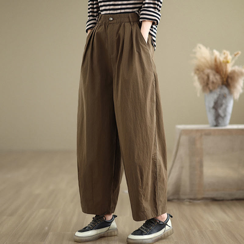 Buddha Stones Casual Solid Color One Top Button Elastic Waistband Cotton Linen Women's Pants With Pockets - image 4
