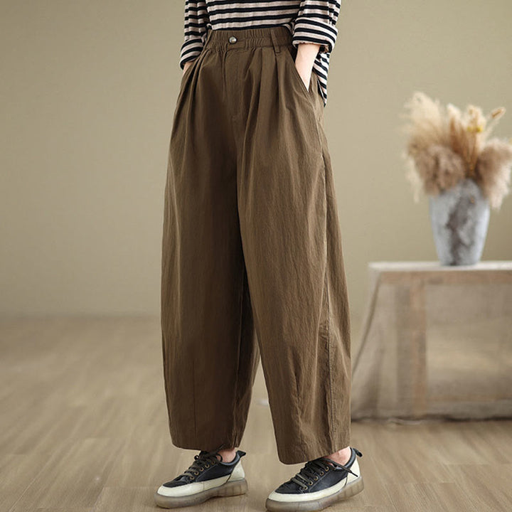Buddha Stones Casual Solid Color One Top Button Elastic Waistband Cotton Linen Women's Pants With Pockets - image 4