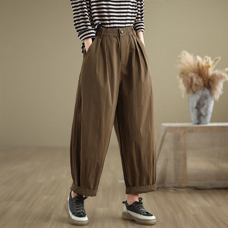 Buddha Stones Casual Solid Color One Top Button Elastic Waistband Cotton Linen Women's Pants With Pockets - DarkGoldenrod - US8-10，UK/AU12-14，EU40-42 (2XL) - image 0