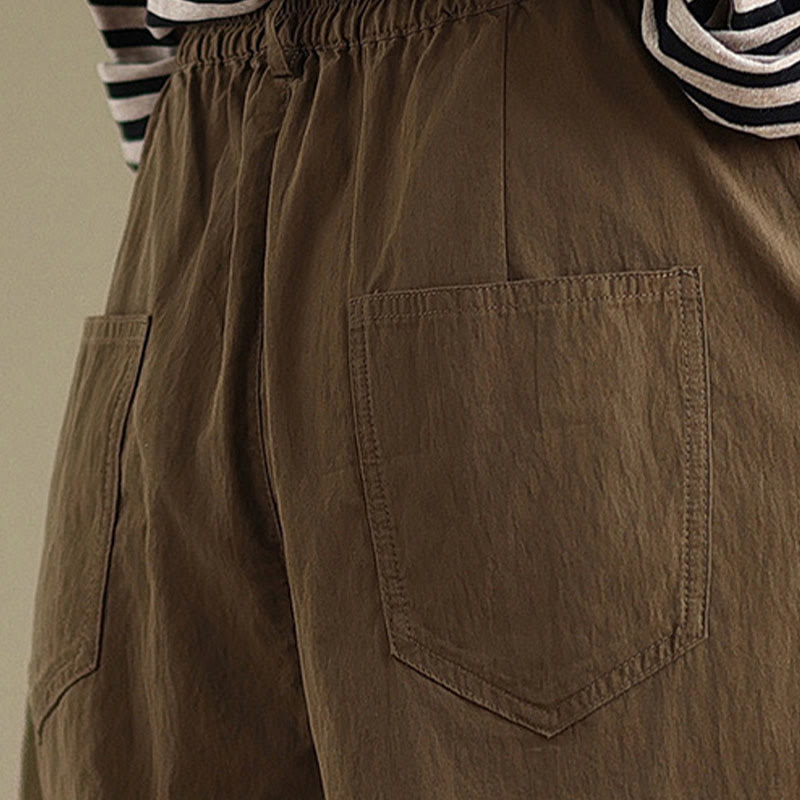 Buddha Stones Casual Solid Color One Top Button Elastic Waistband Cotton Linen Women's Pants With Pockets - image 9