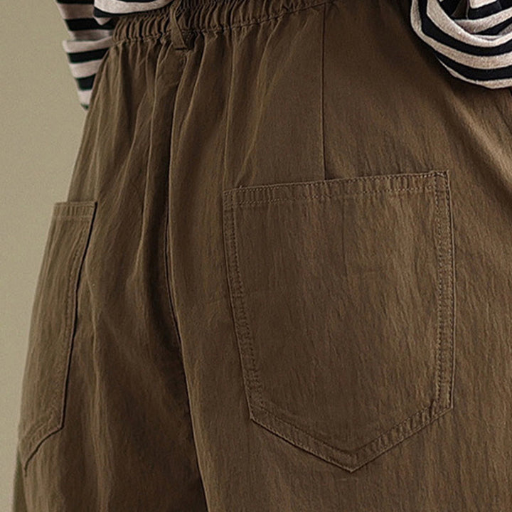 Buddha Stones Casual Solid Color One Top Button Elastic Waistband Cotton Linen Women's Pants With Pockets - image 9