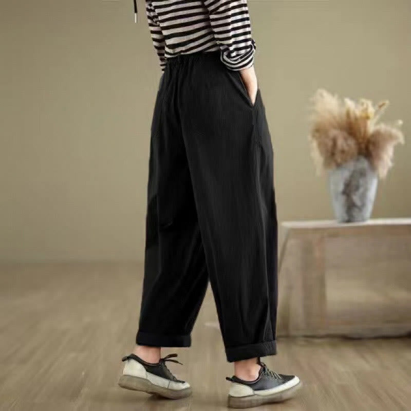 Buddha Stones Casual Solid Color One Top Button Elastic Waistband Cotton Linen Women's Pants With Pockets - image 13