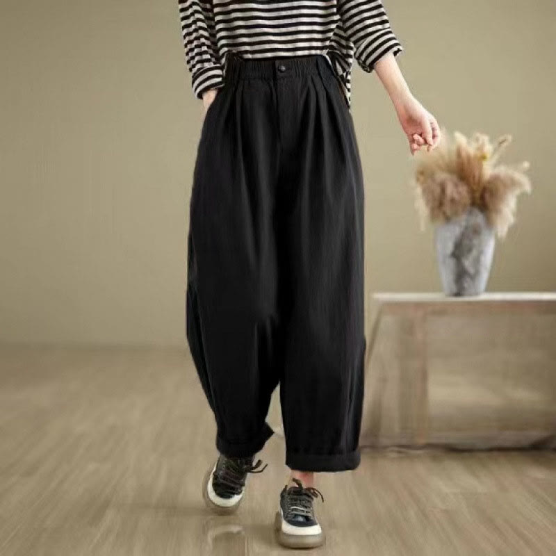 Buddha Stones Casual Solid Color One Top Button Elastic Waistband Cotton Linen Women's Pants With Pockets - image 12