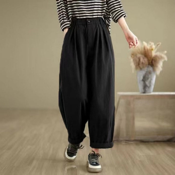 Buddha Stones Casual Solid Color One Top Button Elastic Waistband Cotton Linen Women's Pants With Pockets - image 12