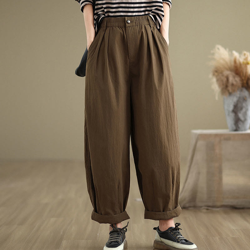 Buddha Stones Casual Solid Color One Top Button Elastic Waistband Cotton Linen Women's Pants With Pockets - image 1