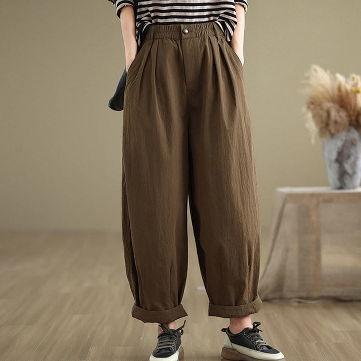Buddha Stones Casual Solid Color One Top Button Elastic Waistband Cotton Linen Women's Pants With Pockets - image 1