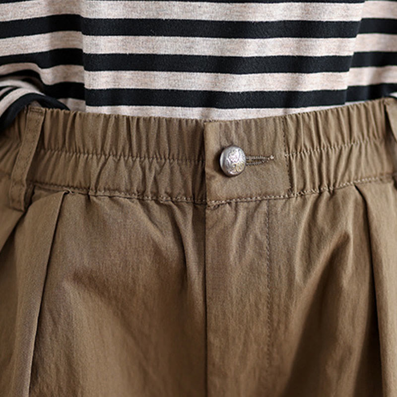 Buddha Stones Casual Solid Color One Top Button Elastic Waistband Cotton Linen Women's Pants With Pockets - image 6