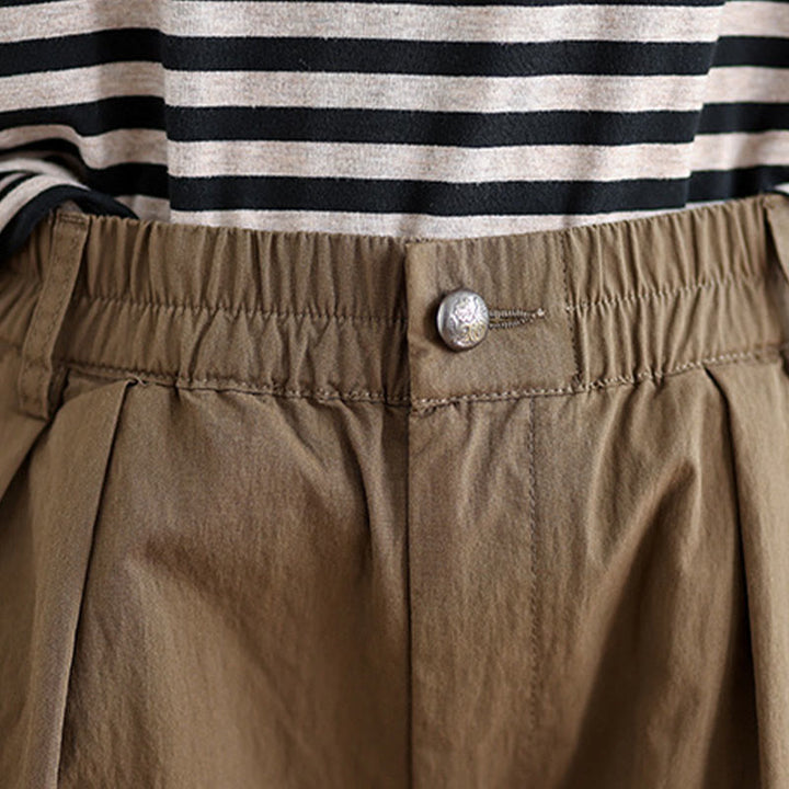 Buddha Stones Casual Solid Color One Top Button Elastic Waistband Cotton Linen Women's Pants With Pockets - image 6