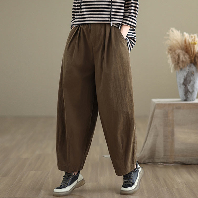 Buddha Stones Casual Solid Color One Top Button Elastic Waistband Cotton Linen Women's Pants With Pockets - image 3