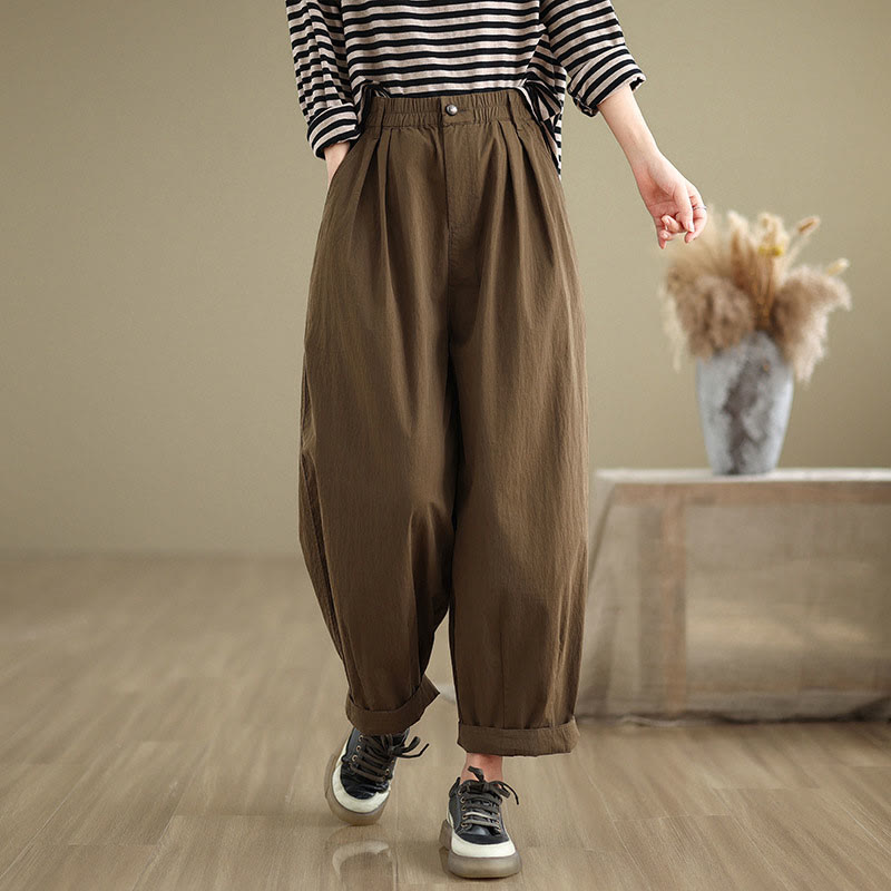 Buddha Stones Casual Solid Color One Top Button Elastic Waistband Cotton Linen Women's Pants With Pockets - image 2