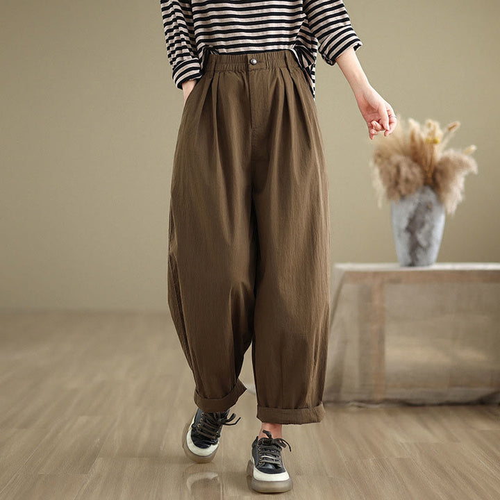 Buddha Stones Casual Solid Color One Top Button Elastic Waistband Cotton Linen Women's Pants With Pockets - image 2