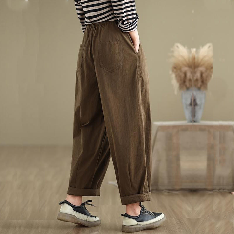 Buddha Stones Casual Solid Color One Top Button Elastic Waistband Cotton Linen Women's Pants With Pockets - image 5