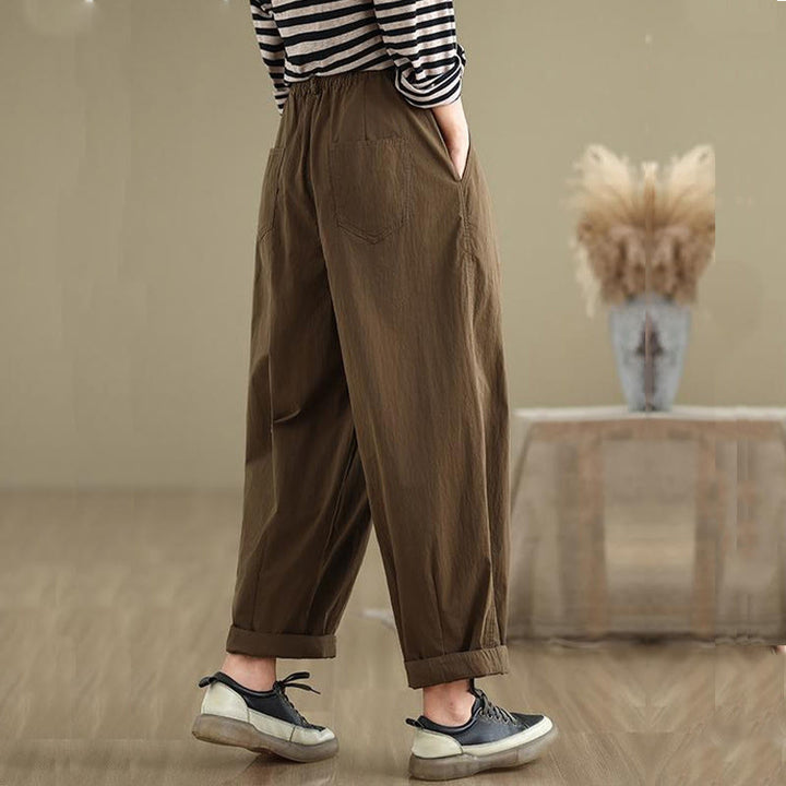 Buddha Stones Casual Solid Color One Top Button Elastic Waistband Cotton Linen Women's Pants With Pockets - image 5