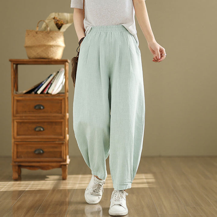 Buddha Stones Casual Solid Color Tapered Elastic Waistband Cotton Linen Women's Pants With Pockets - PaleGreen - US8-10，UK/AU12-14，EU40-42 (2XL) - image 27